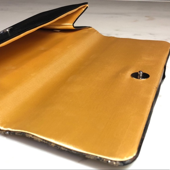 Black Satin + Gold Iridescent Lace Formal Clutch - Picture 7 of 8